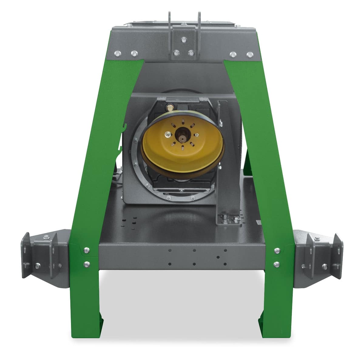 ENERGY Zapfwellengenerator 85kVA / 68kW EY-85TCS-AVR mit grauem Gehäuse und grünen Stützbeinen. Sicht auf die innere Baugruppe mit gelbem Riemen.