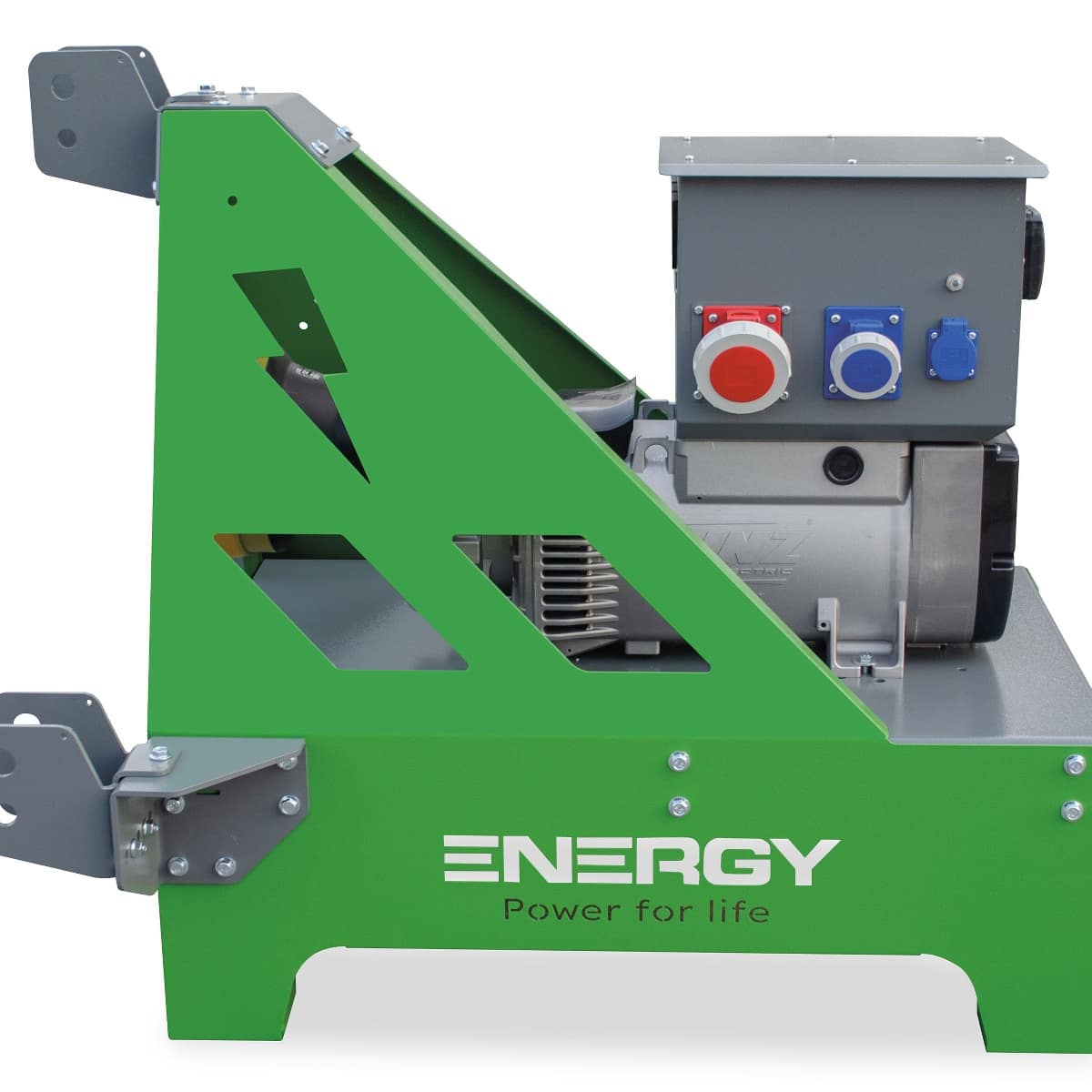 ENERGY Zapfwellengenerator 15kVA / 12kW EY-15TCS-AVR in grün mit grauem Gehäuse. Sicht auf den Generator mit Anschlüssen und Kühlschraube.