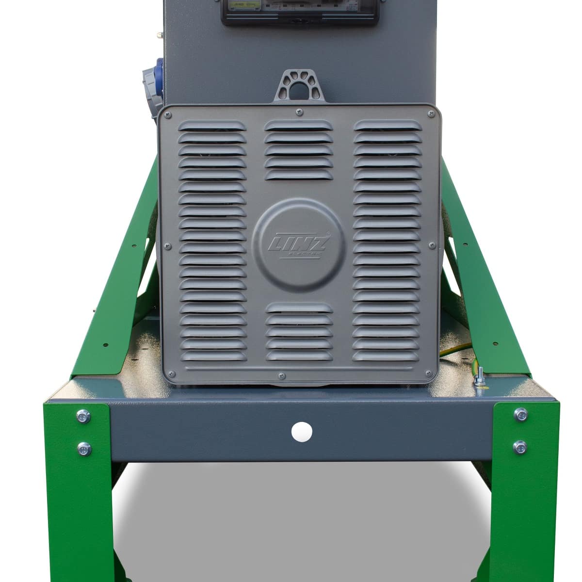 ENERGY Zapfwellengenerator 85kVA / 68kW EY-85TCS-AVR in grauer und grüner Farbgestaltung, Vorderansicht mit Lüftergitter und Bedienelementen.