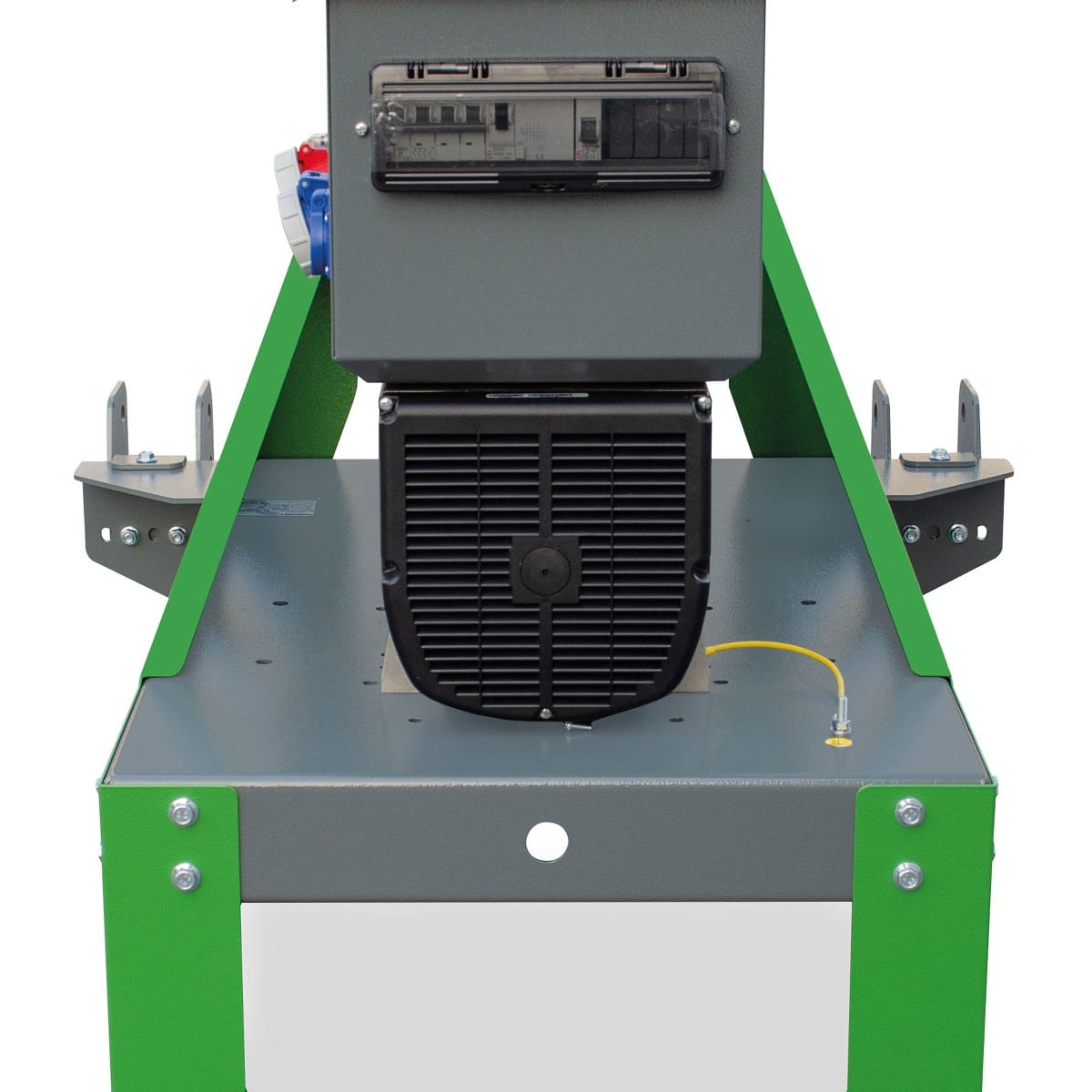 ENERGY Zapfwellengenerator 15kVA/12kW EY-15TCS-AVR, Frontansicht mit grauem Gehäuse, schwarzem Motor, grünen Halterungen und bedrucktem Panel oben.
