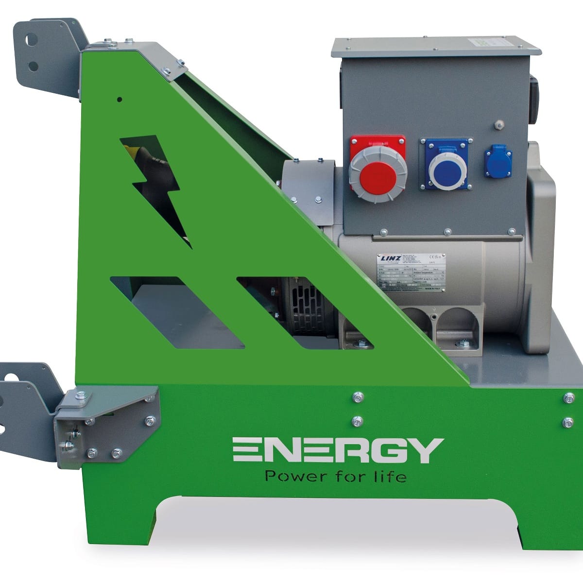 ENERGY Zapfwellengenerator 25kVA / 20kW EY-25TCS-AVR in Grün und Grau, seitliche Ansicht mit Steuerungselementen und Maschinenkomponenten sichtbar.
