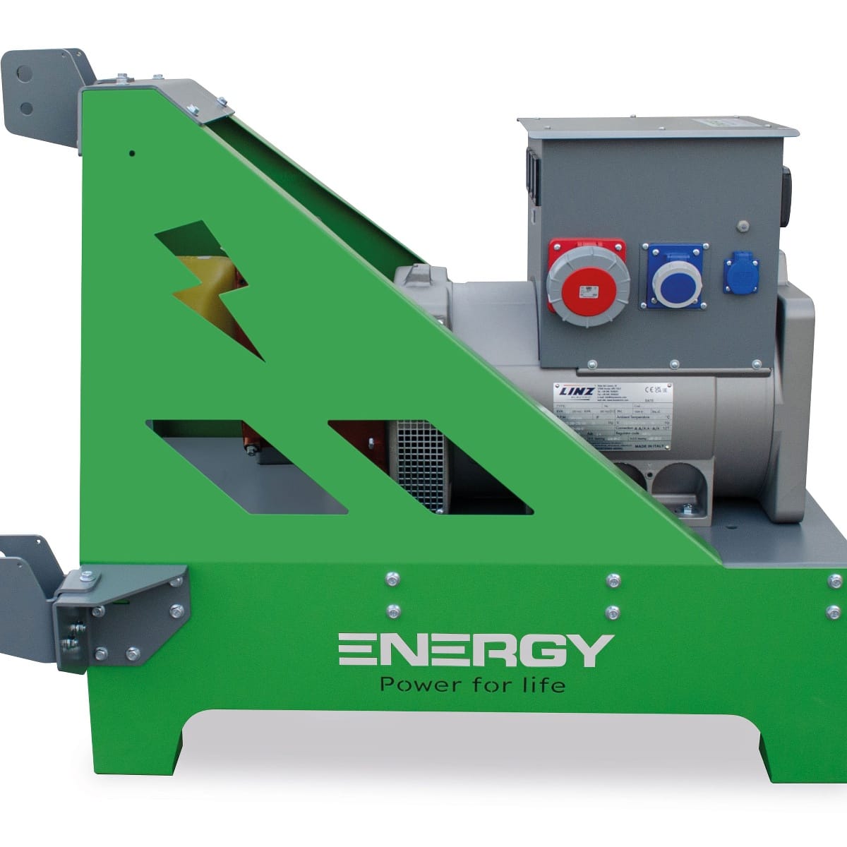 ENERGY Zapfwellengenerator 60kVA EY-60TCS-AVR in grün mit grauem Gehäuse, sichtbare Steckdosen und Lüftergitter, seitliche Ansicht.