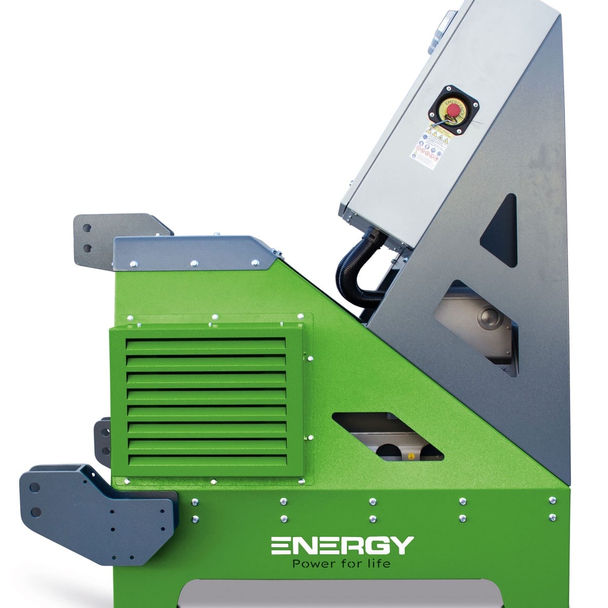 ENERGY Zapfwellengenerator 160kVA / 128kW EY-160TCS-AVR in grüner und grauer Farbgebung. Seitliche Ansicht mit sichtbarem Gehäuse und Lüftungsgitter.