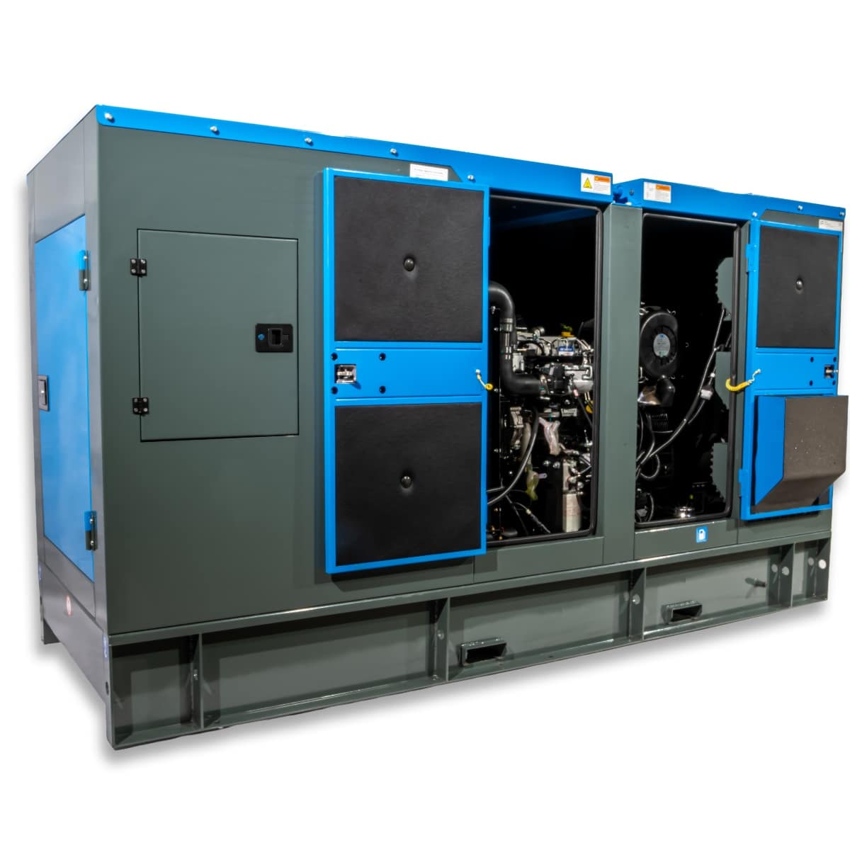 RX-100/125 Stage V Stromgenerator mit einer grauen Gehäusefarbe und blauen Türen, zeigt offene Wartungsklappen zur Einsicht des Motorraums.