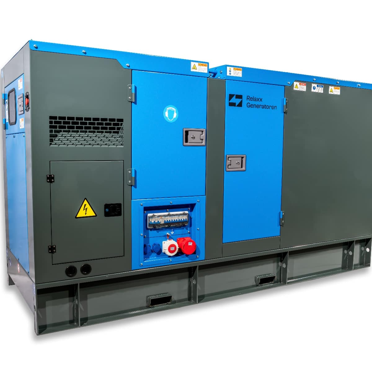 RX-100/125 Stage V Stromgenerator in grau-blauer Farbgebung, mit seitlichem Zugang und verschiedenen Anschlüssen zur Stromverteilung.