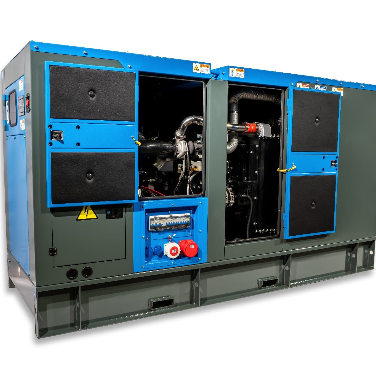 RX-100/125 Stage V Stromgenerator mit offenem Gehäuse, zeigt den Motor, Anschlussleitungen und Bedienelemente in blauer und grauer Farbgebung.
