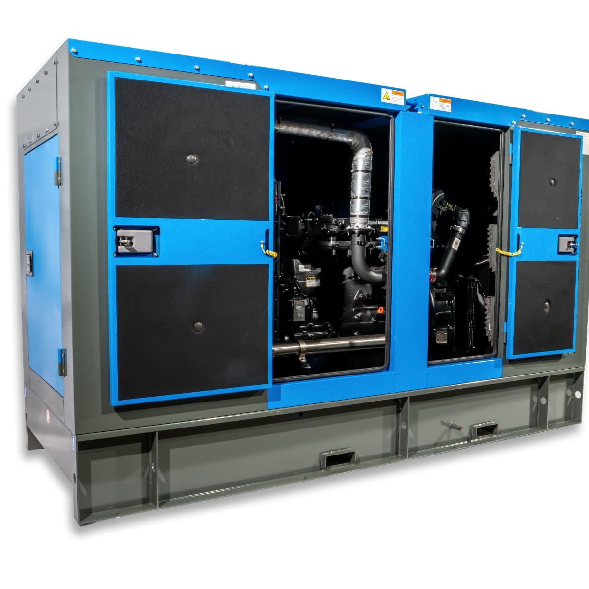 RX-120/150 Stage III Stromgenerator in grauer und blauer Ausführung, mit offenen Türen, die den Motor und interne Komponenten zeigen.