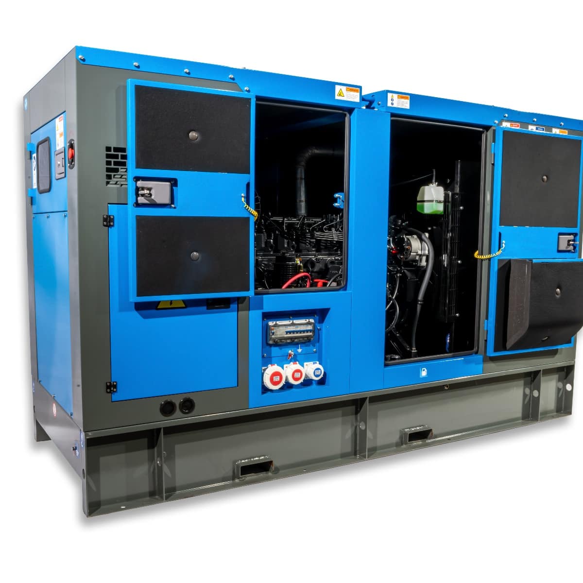 RX-120/150 Stage III Stromgenerator in blauer und grauer Ausführung, mit offenen Türen zur Einsicht der Motoren und Bedienelemente.