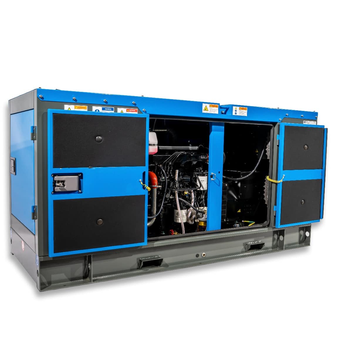 RX-16/20 Stage III Stromgenerator mit blauem Gehäuse und geöffneten Wartungstüren, sichtbar sind der Motor und die technischen Bauteile im Inneren.