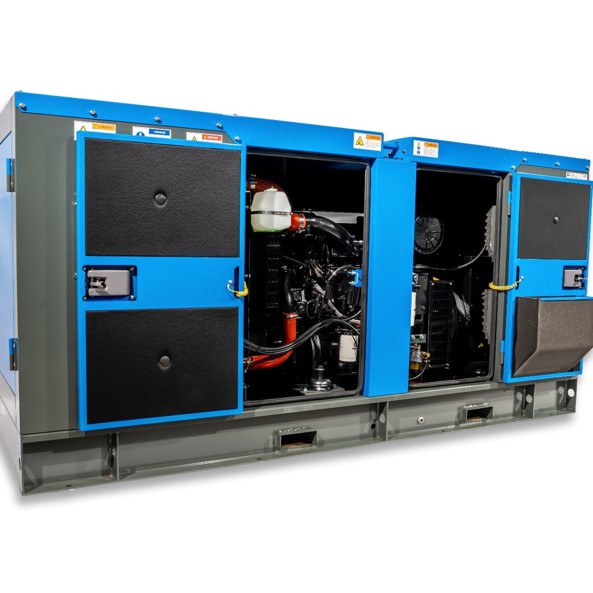 RX-80/100 Stage III Stromgenerator mit grauem Gehäuse und blauen Türen, geöffnet. Sicht auf den Motor und verschiedene technische Bauteile im Inneren.