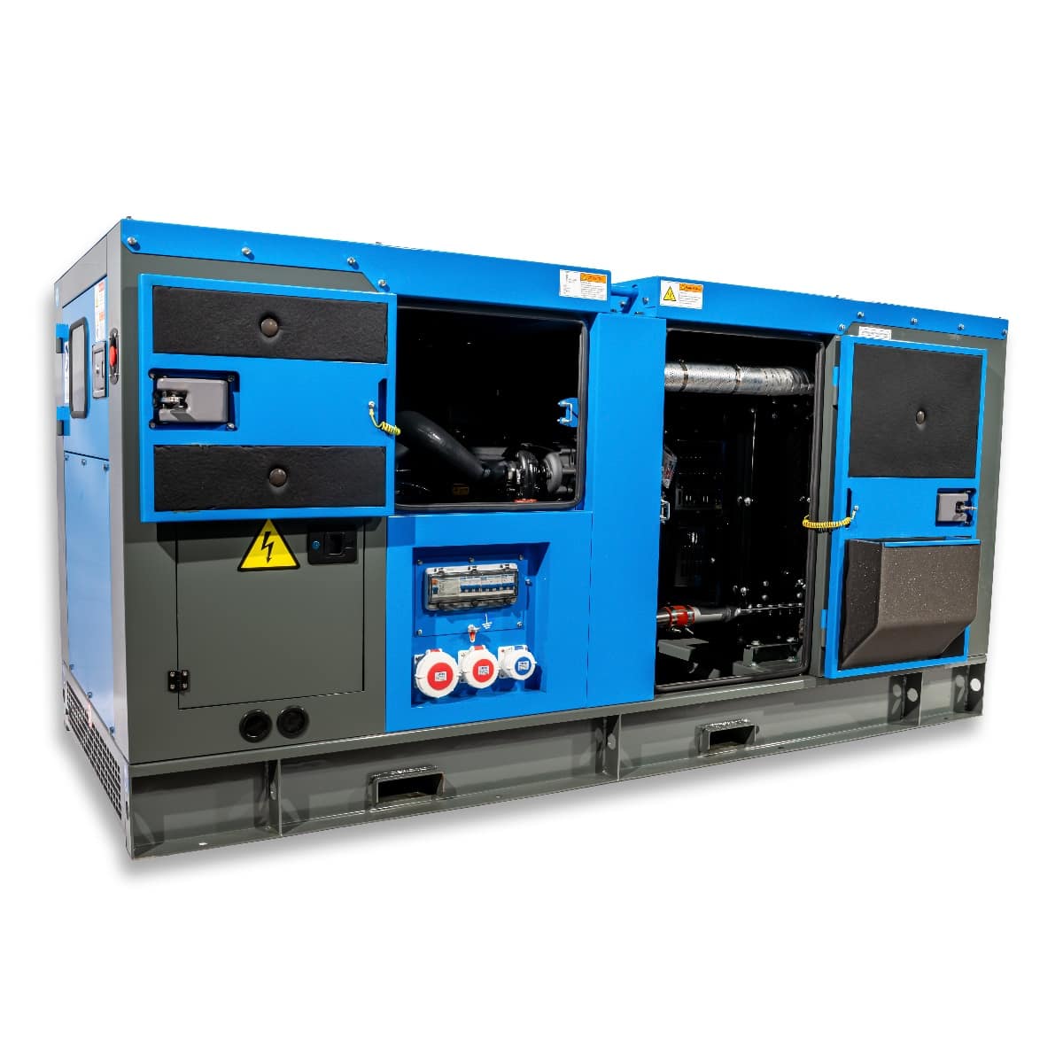 RX-16/20 Stage III Stromgenerator mit blauer Gehäusefarbe, offenen Wartungszugängen und sichtbarem Motor sowie Anschlussmöglichkeiten an der Vorderseite.