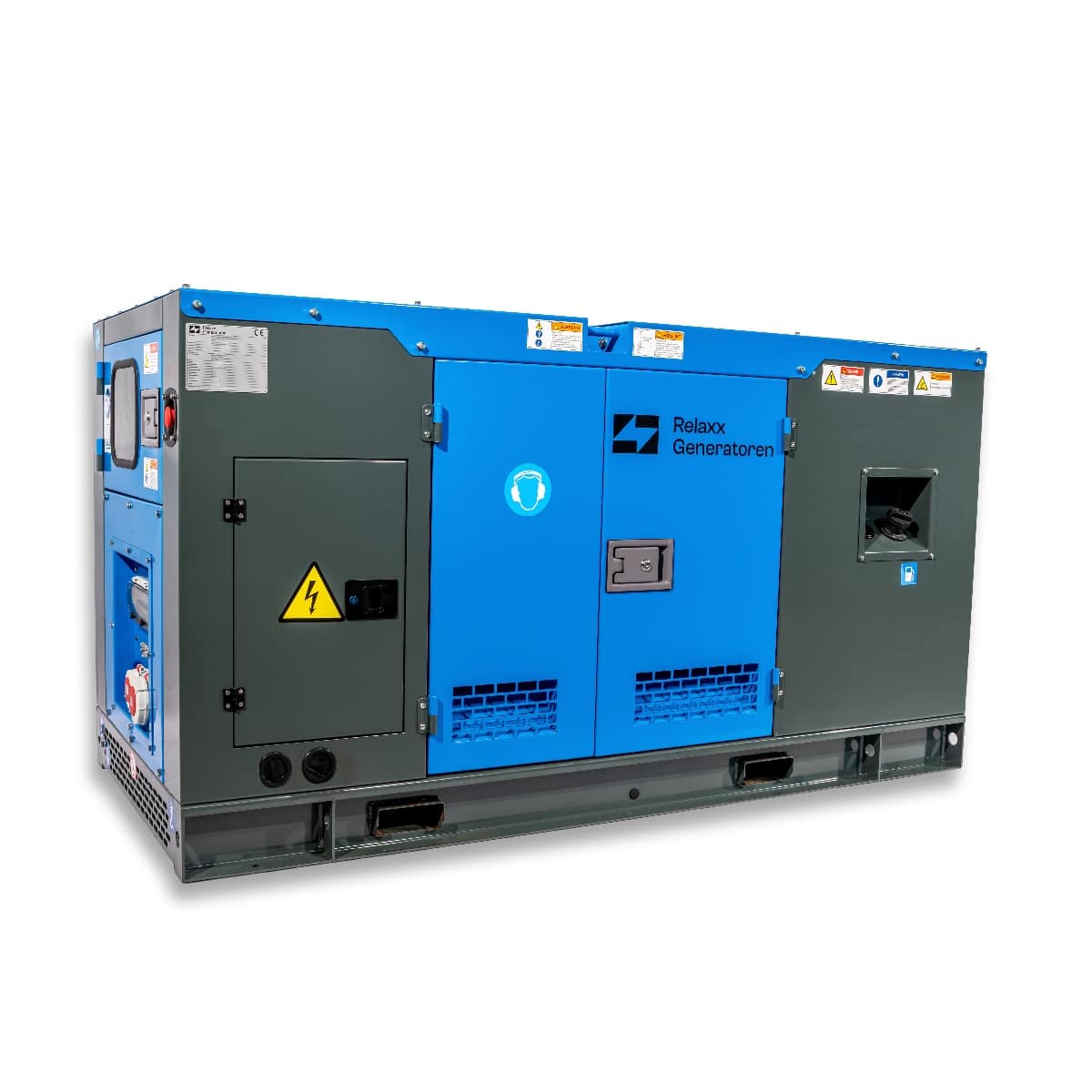 RX-12/15 Stage V Stromgenerator in blau und grau, mit zwei Türen, Bedienfeldern und Warnsymbolen auf der Vorderseite. Robust und für den Einsatz geeignet.