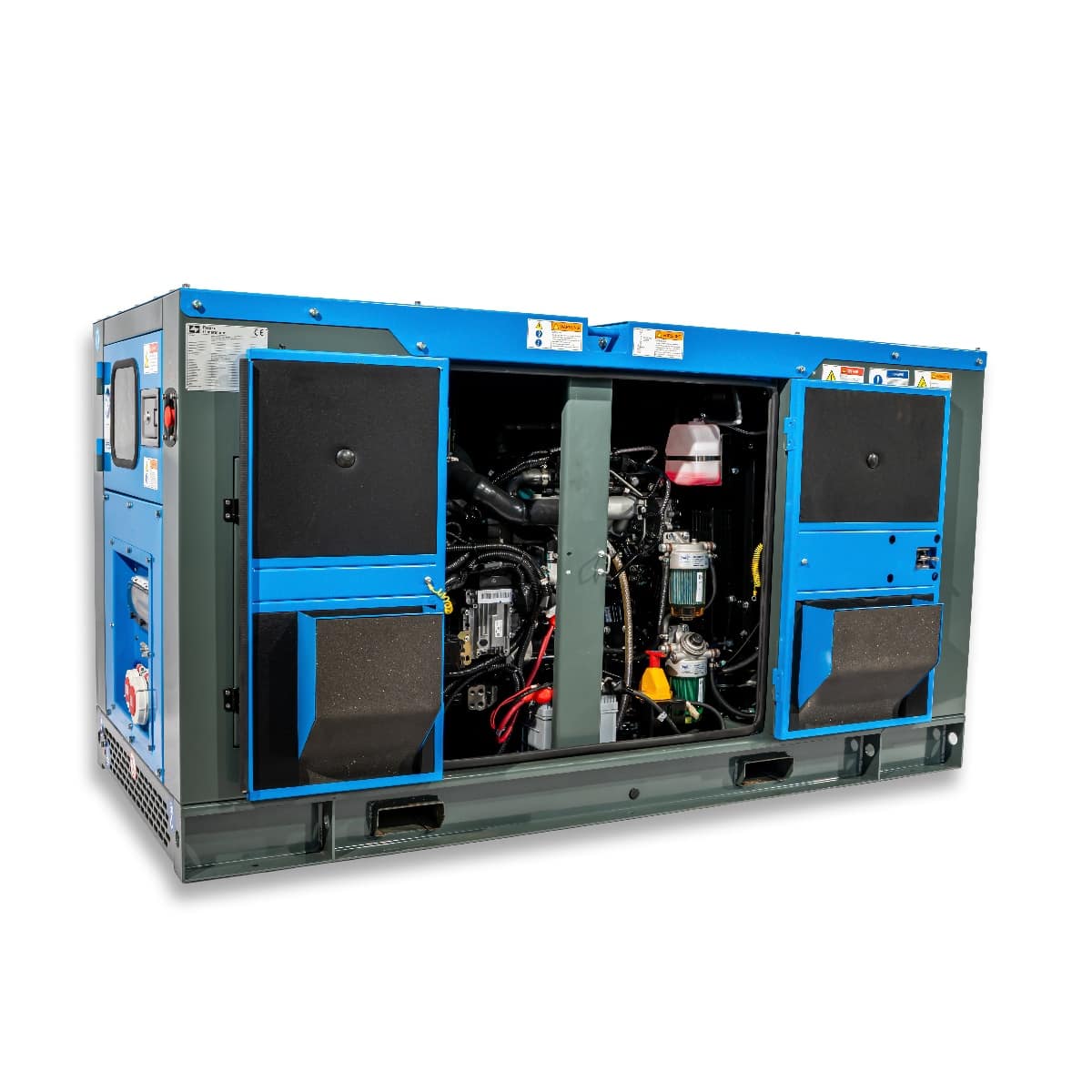 RX-12/15 Stage V Stromgenerator in blauer und grauer Ausführung, mit geöffneten Türen, die Motor und verschiedene Komponenten zeigen.