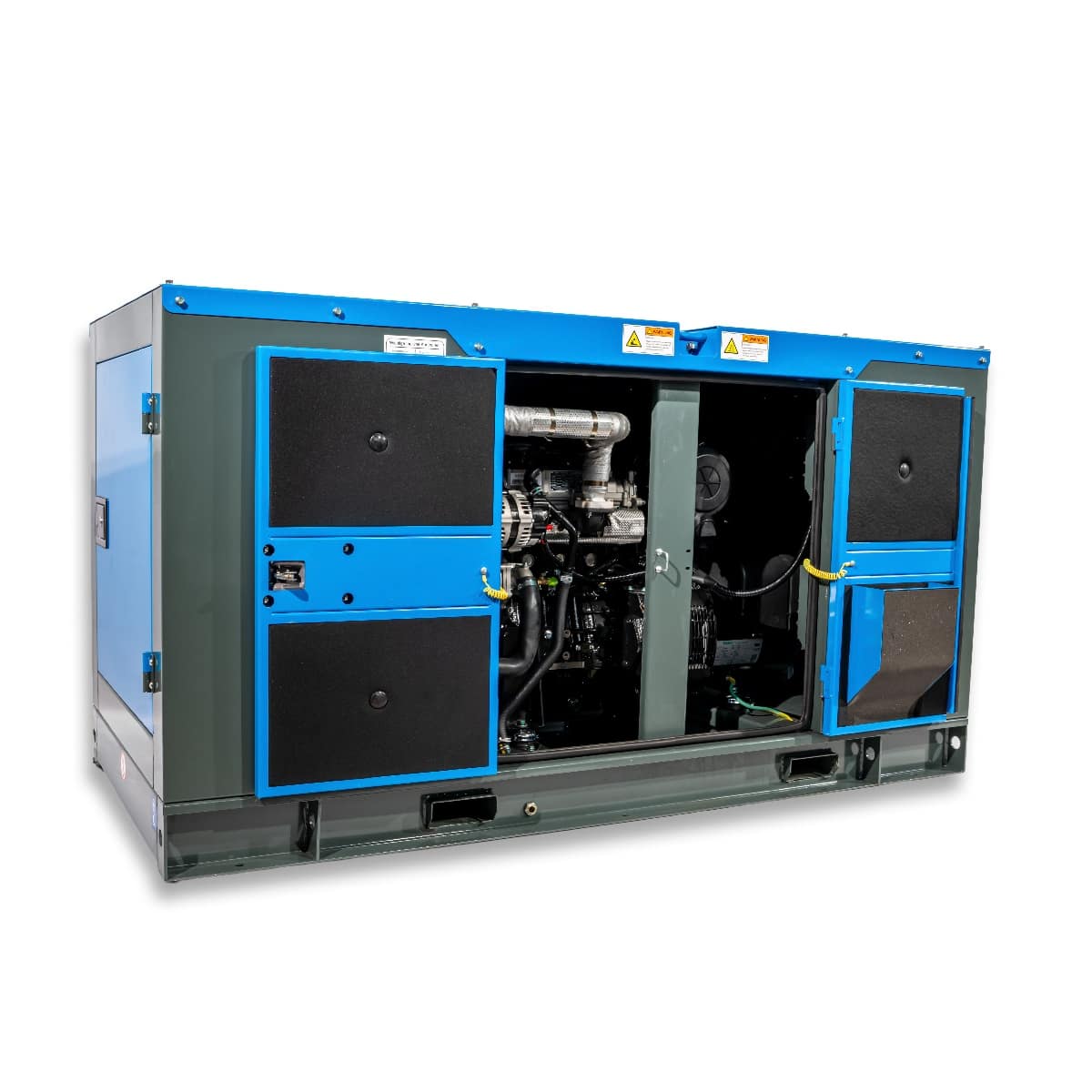 RX-12/15 Stage V Stromgenerator mit blau lackierter Kabine und offenen Seitenklappen, die den Motor und die technischen Bauteile sichtbar machen.
