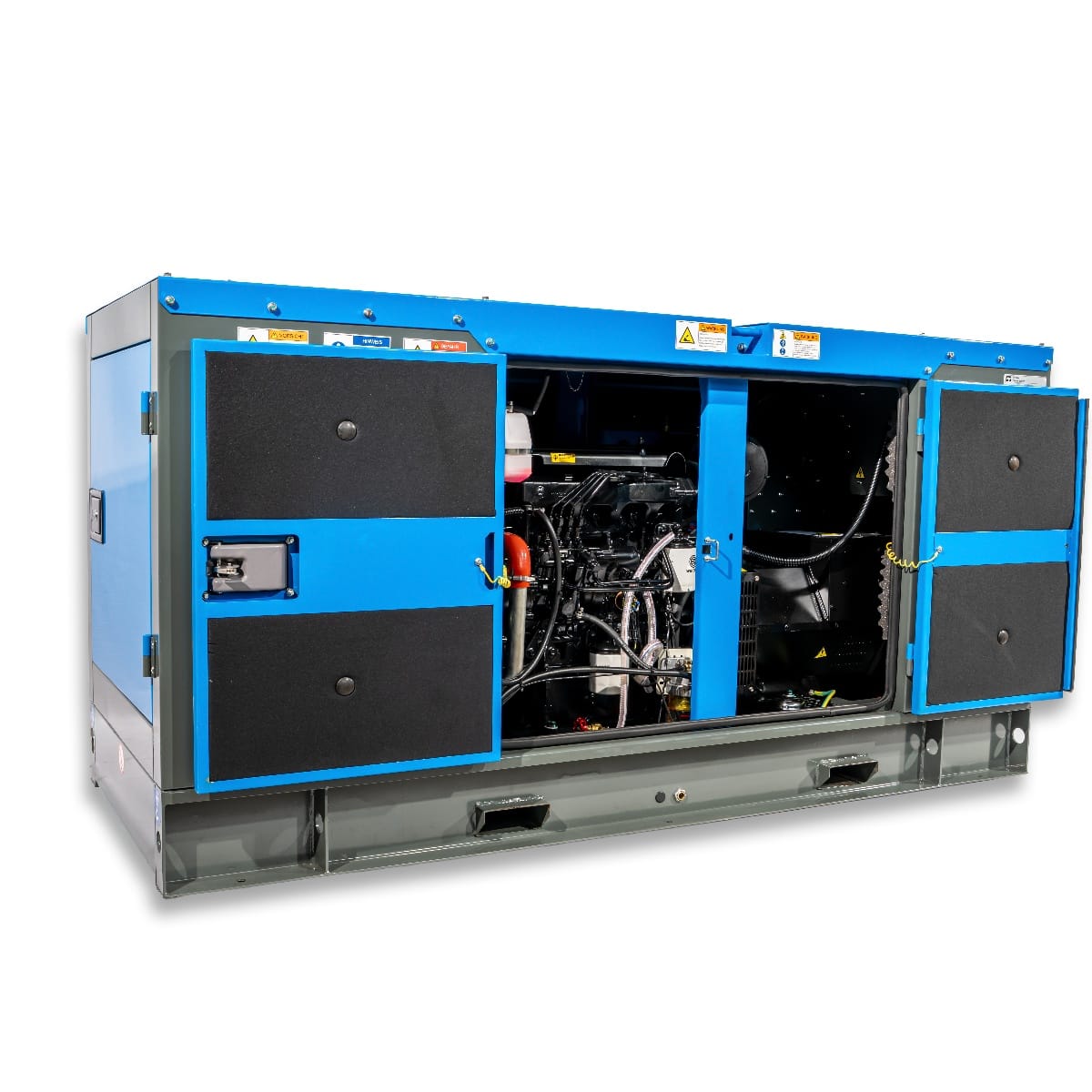 RX-24/30 Stage III Stromgenerator, farbiges Gehäuse in Blau mit geöffneten Türen, zeigt den Motor und interne Bauteile.