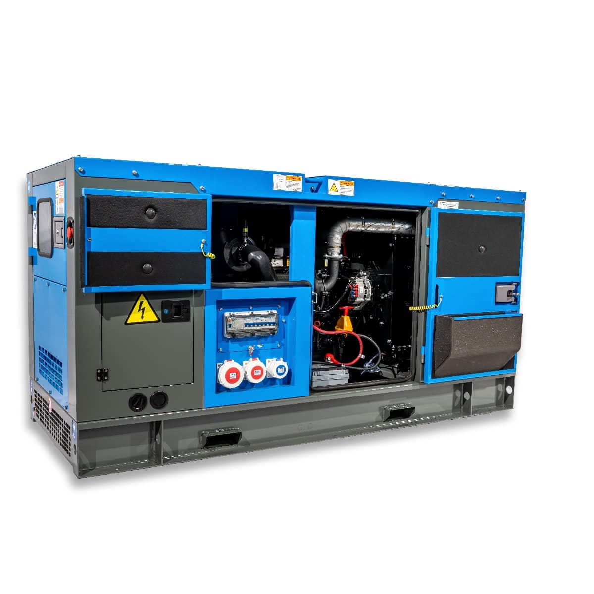 RX-40/50 Stage III Stromgenerator, farbiges Gehäuse in Blau und Grau, mit sichtbaren Bedienelementen, Motor und Anschlüssen im Inneren.