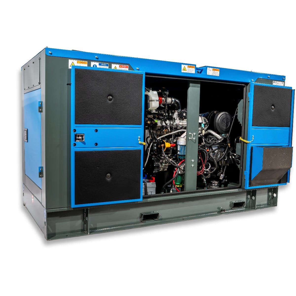 RX-50/62,5 Stage V Stromgenerator, seitliche Ansicht mit offenen Türen, zeigt den Motor und die technische Ausrüstung im Inneren, lackiert in Blau und Grau.