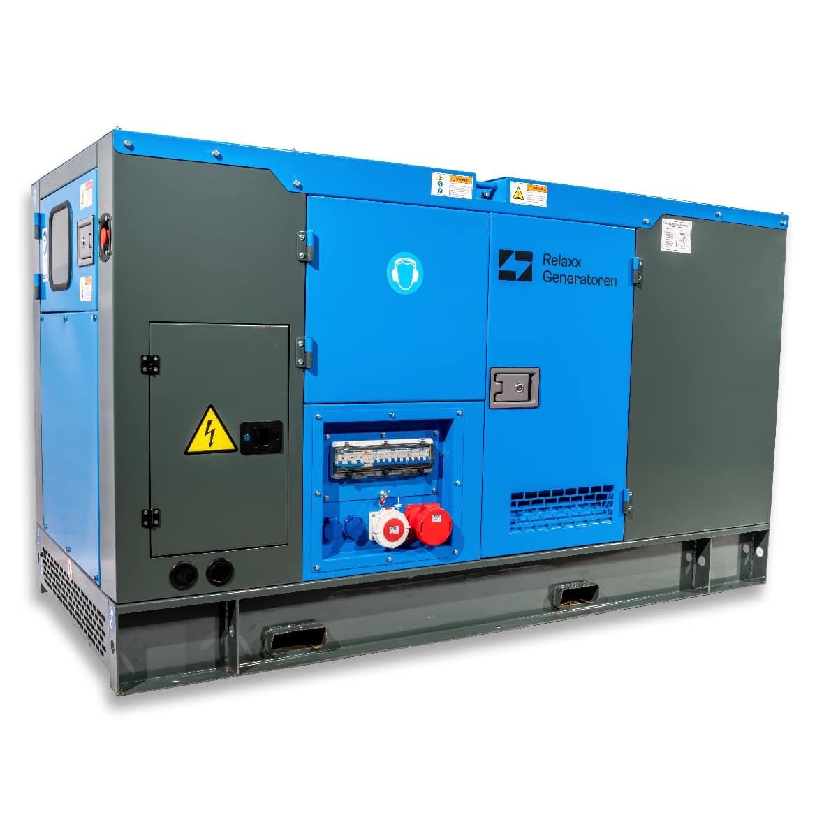 RX-50/62,5 Stage V Stromgenerator in blau-grauer Farbe mit verschiedenen Anschlüssen und Bedienelementen auf der Vorderseite. Kompakte Bauweise für effiziente N