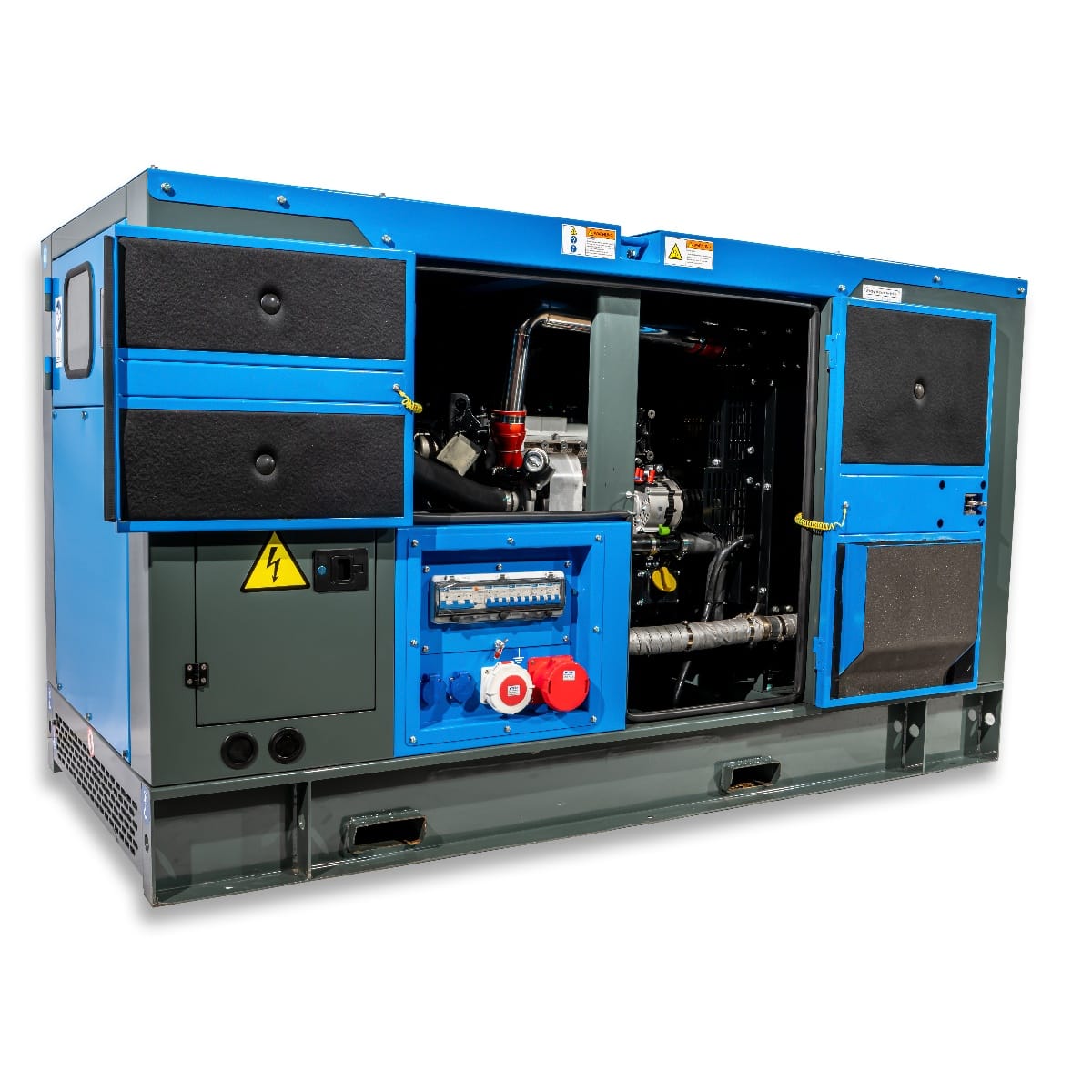 RX-50/62,5 Stage V Stromgenerator mit einer blauen Abdeckung, geöffneten Türen und sichtbarem Innenleben wie Motor, Steuerungstechnik sowie Anschlüssen.