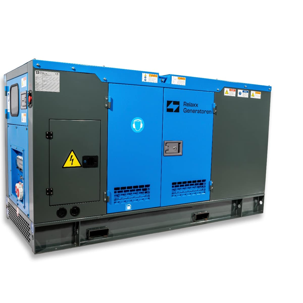 RX-24/30 Stage V Stromgenerator mit grünem Gehäuse und blauen Türen, ausgestattet mit Anzeigen, Lüftungsschlitzen und Sicherheitswarnsymbol.