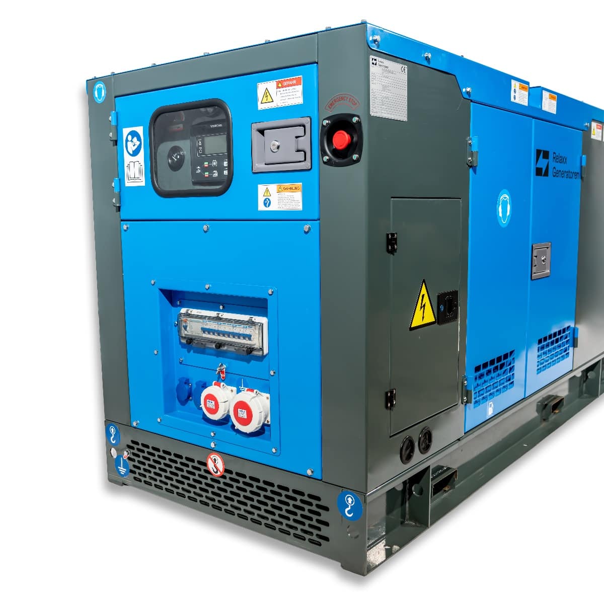 RX-24/30 Stage V Stromgenerator, kompakte Bauweise in Blau und Grau, mit Bedienelementen, Anschlüssen und Warnhinweisen an der Vorderseite.