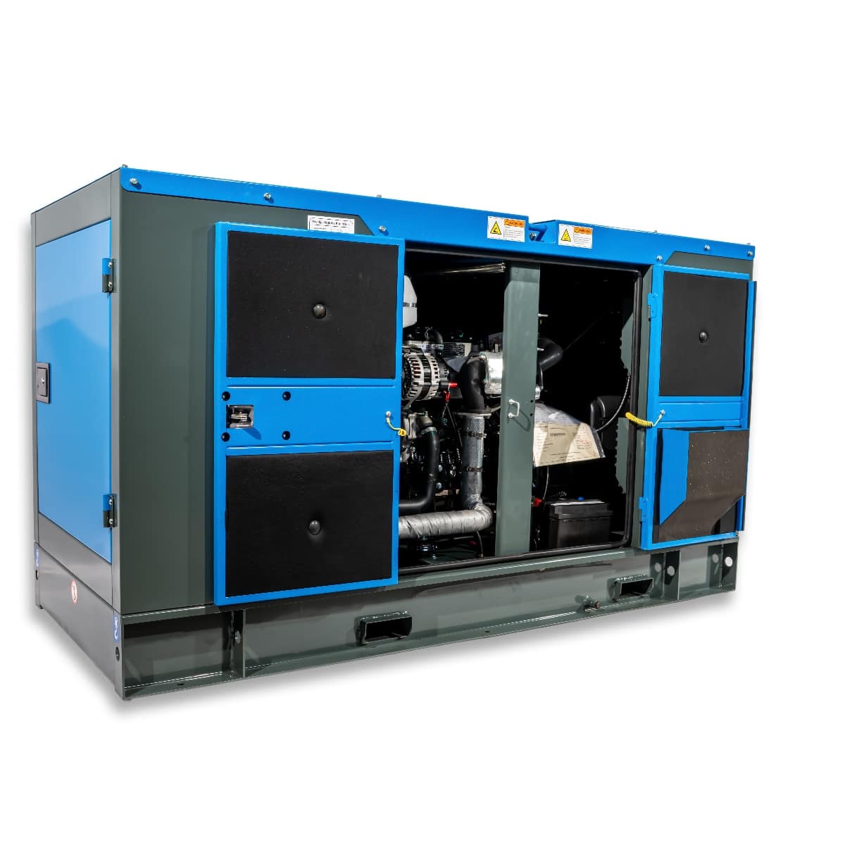 RX-24/30 Stage V Stromgenerator in blau und grau, seitliche Ansicht mit offenen Türen, die den Motor und die technischen Komponenten zeigen.