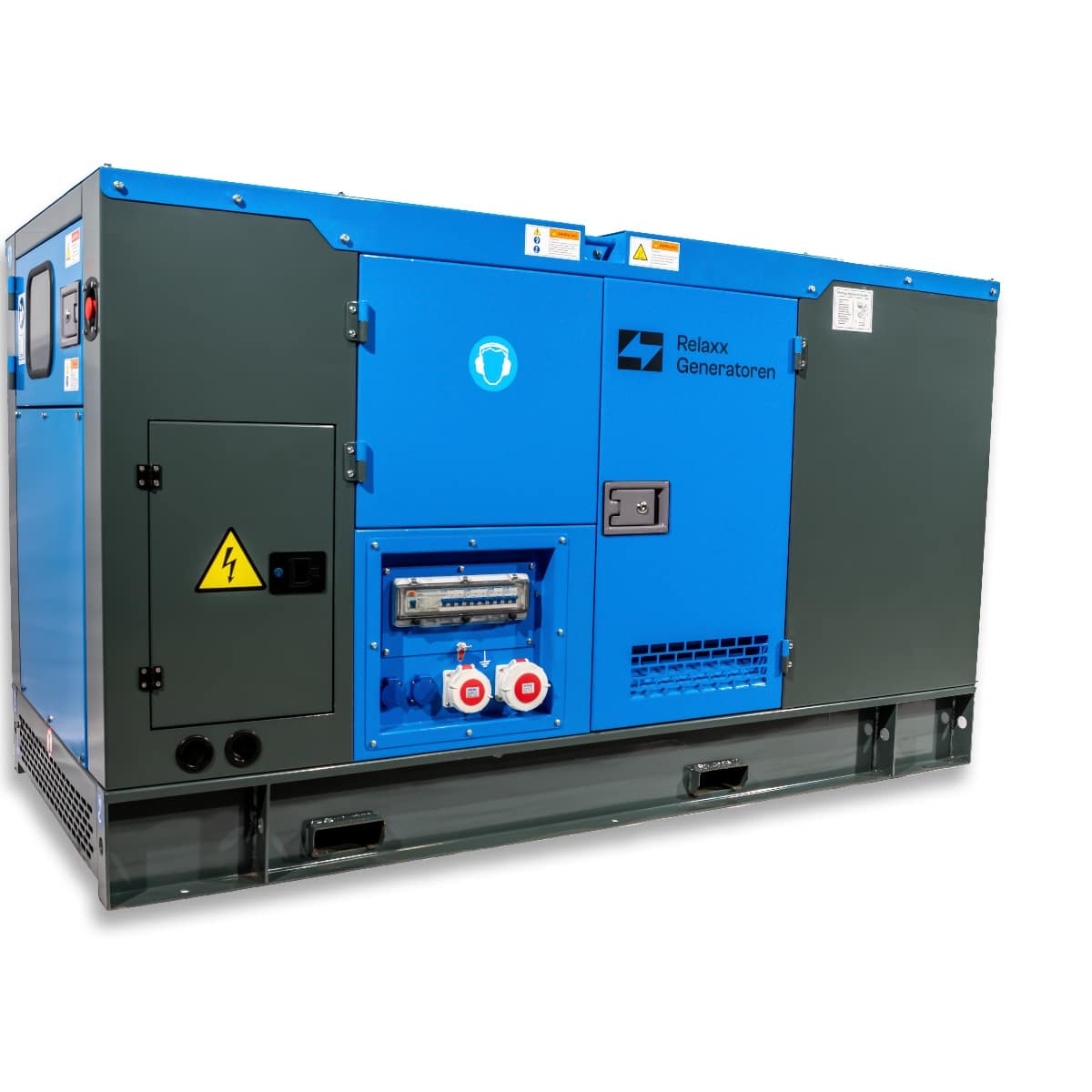 RX-40/50 Stage V Stromgenerator, kompakte Bauweise in Blau und Dunkelgrau, sichtbar sind Anschlüsse, Kontrollpanel und Sicherheitszeichen.