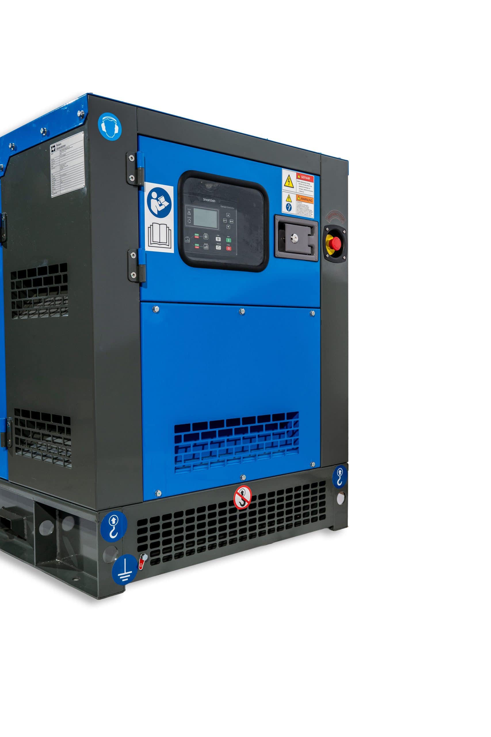 RX-50/62,5 Stage III Stromgenerator in Blau und Grau, seitliche Ansicht mit Bedienelementen, Kühlgitter und Sicherheitszeichen.