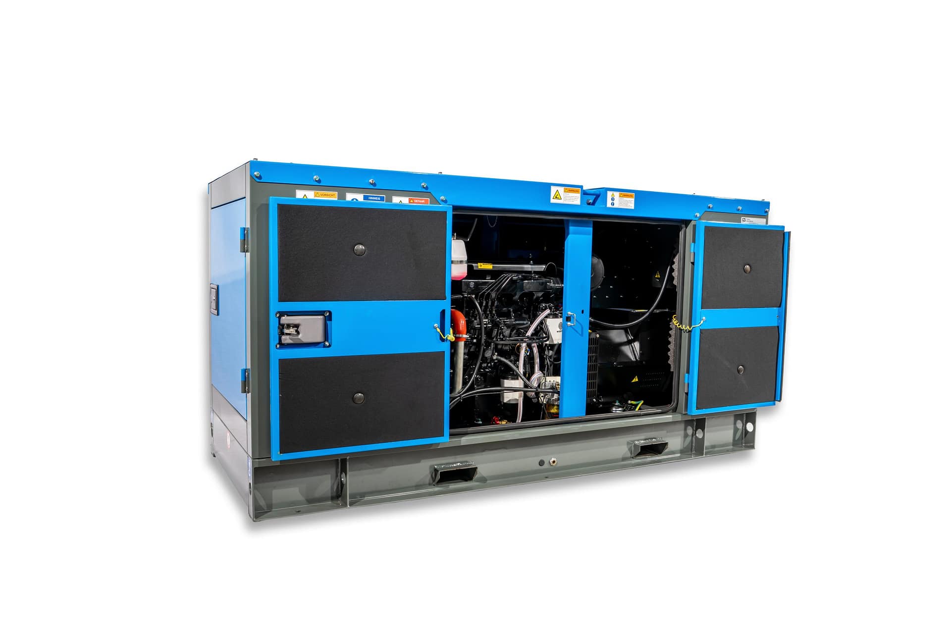 RX-50/62,5 Stage III Stromgenerator mit geöffneten Türen, zeigt den Motor und die technischen Bauteile in blauer und grauer Farbkombination.