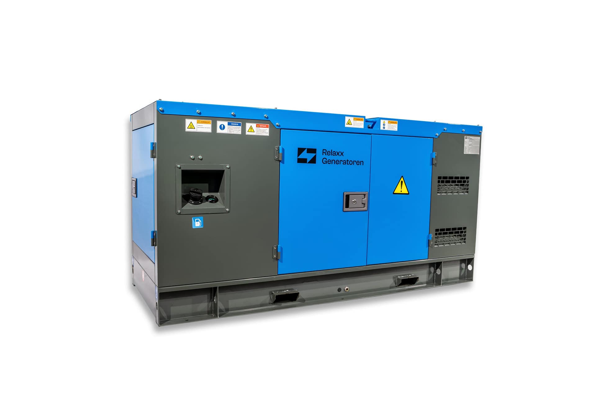 RX-50/62,5 Stage III Stromgenerator in grauer und blauer Farbgebung. Das Bild zeigt die Seitenansicht mit Türen, Warnhinweisen und Lüftungsgitter.