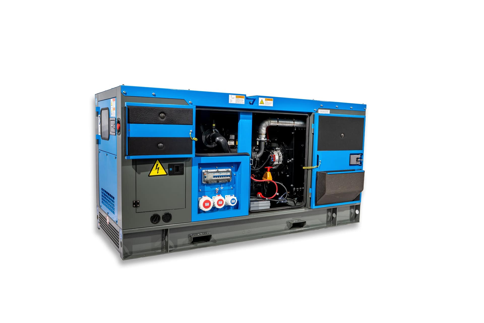 RX-50/62,5 Stage III Stromgenerator mit blauer und grauer Gehäusefarbe. Seitenansicht mit geöffneten Türen, die interne Komponenten und Anschlüsse zeigen.