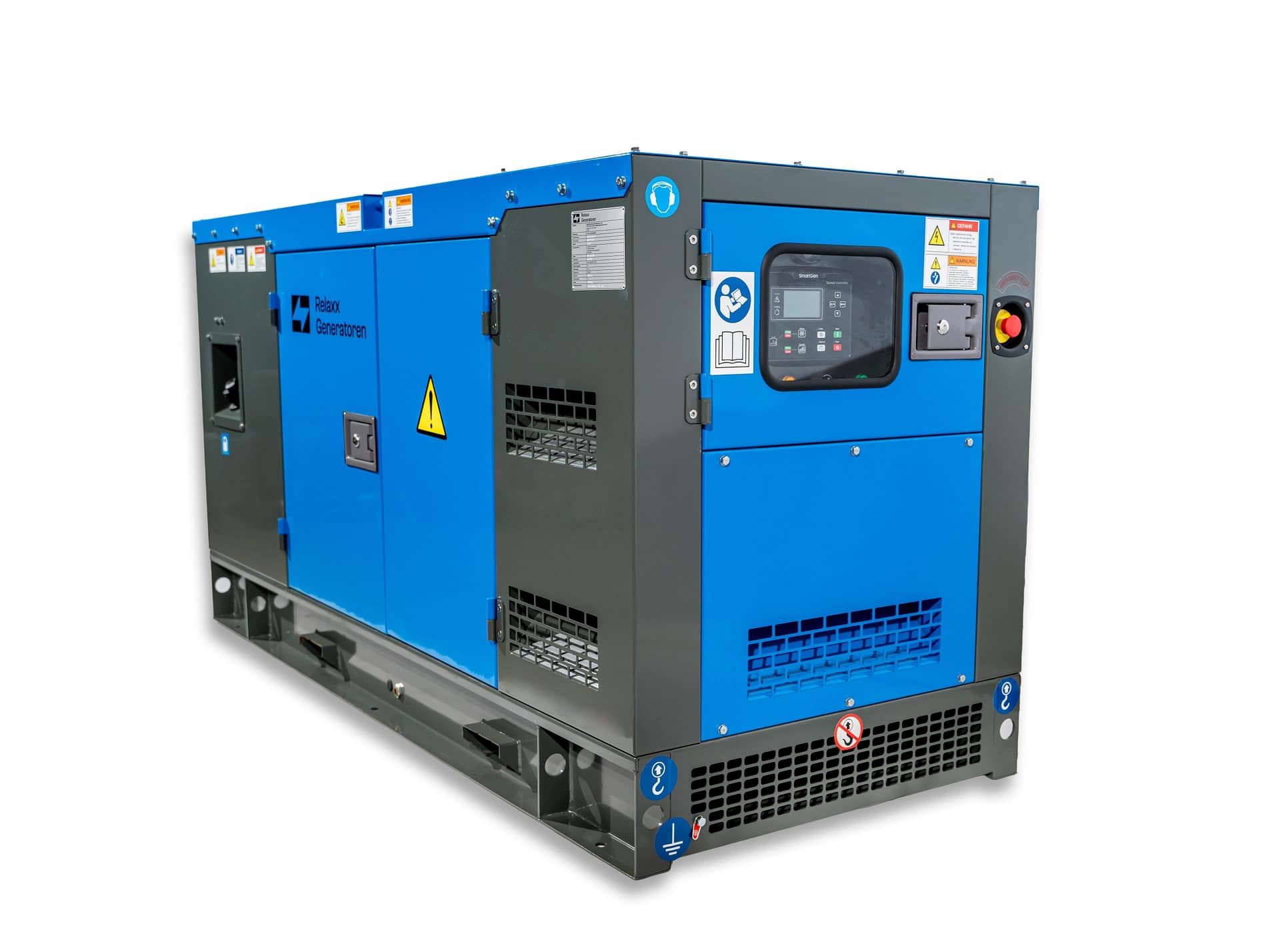 RX-50/62,5 Stage III Stromgenerator, grau-blau, seitliche Ansicht mit Bedienelementen, Warnhinweisen und Belüftungsgittern.