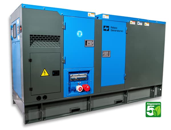 RX-100/125 Stage V Stromgenerator in Grau und Blau, mit sichtbaren Bedienelementen, Ausgängen und Warnhinweisen auf der Vorderseite.