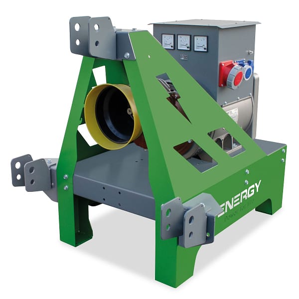 ENERGY Zapfwellengenerator 25kVA / 20kW EY-25TCS-AVR in grüner und grauer Ausführung mit Bedienelementen, Anschlüssen und offenem Gehäuse für optimalen Zugang.