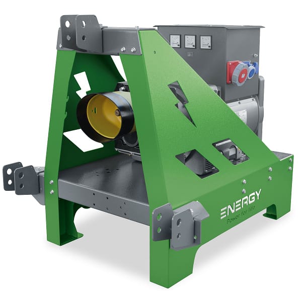 ENERGY Zapfwellengenerator 85kVA / 68kW EY-85TCS-AVR in grün mit einem offenen Gehäuse, sichtbar sind der Motor, die Zapfwelle und das Bedienfeld.