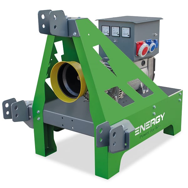 ENERGY Zapfwellengenerator 15kVA / 12kW EY-15TCS-AVR in grün und grau mit einem großen gelben Rad, Steuerungsbox und Messinstrumenten.