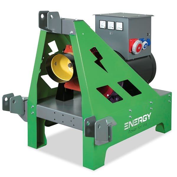 ENERGY Zapfwellengenerator 75kVA EY-75TCS-AVR in grün mit seitlichem Rotor, Steuerung mit Schaltern und Anschlussdose. Kompakte Bauweise für den Einsatz im Haus