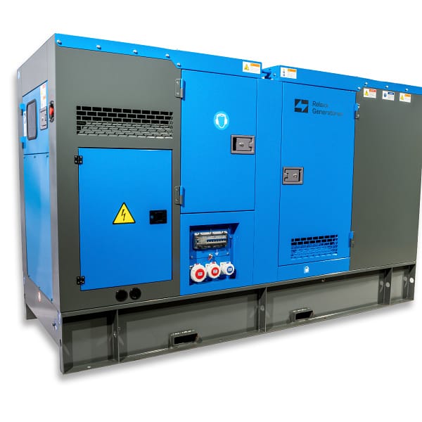 RX-120/150 Stage III Stromgenerator in blau und grau, mit vorderer Sicht auf Türen, Anschlussfeldern und Kühlluftöffnungen. Robust und funktional gestaltet.