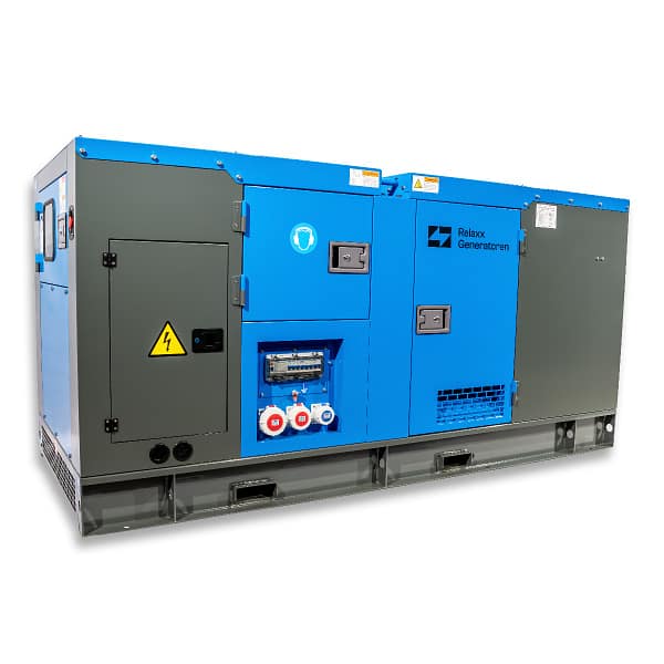 RX-16/20 Stage III Stromgenerator in blauer und grauer Farbgestaltung mit verschiedenen Anschlüssen und Schaltpaneelen, seitliche Ansicht.